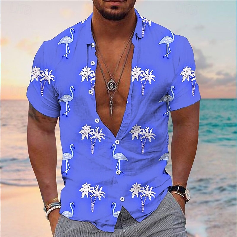 Men's Flamingo Coconut Tree Tropical Plants Shirt Summer Hawaiian Shirt Aloha Shirt Short Sleeves Shirt Turndown Tropical Fashion Streetwear Daily Hawaiian Holiday Yellow Pink Navy Blue S M L2