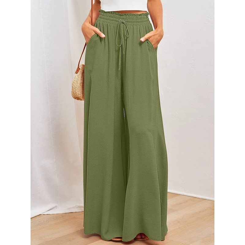 Women's Wide Leg Chinos Fashion Streetwear Full Length High Waist Plain Pocket Elastic Waistband Comfy Soft Comfortable Micro-elastic Outdoor Street Army Green Apricot Sky Blue Summer Spring Regular2