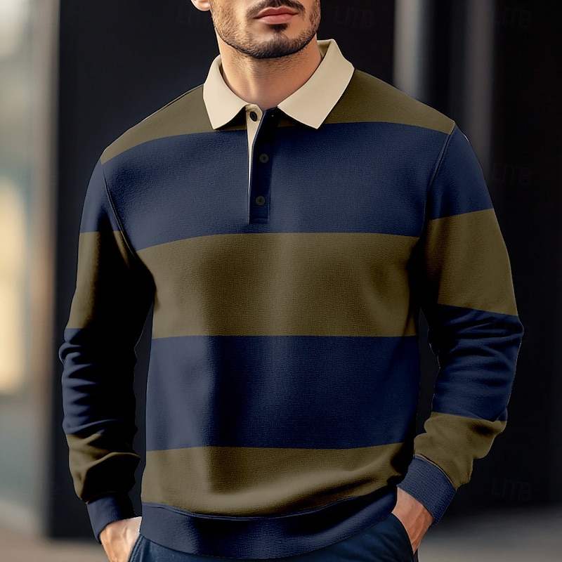 Men's Stripes Rugby Polo Long Sleeve Polo Shirts Collared Shirts Casual Outdoor Athleisure 3D Print Spring Fall Winter Red Blue Brown