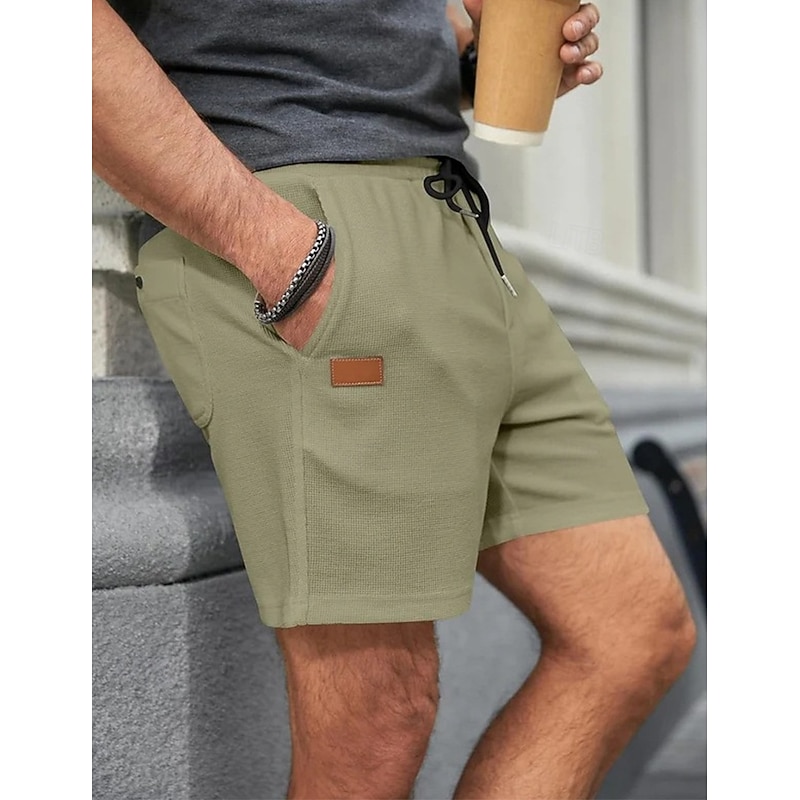 Men's Waffle Shorts Sweat Shorts Shorts Bermuda shorts Drawstring Elastic Waist Plain Comfort Breathable Short Outdoor Daily Running Sports Fashion Black White Micro-elastic - Main Image