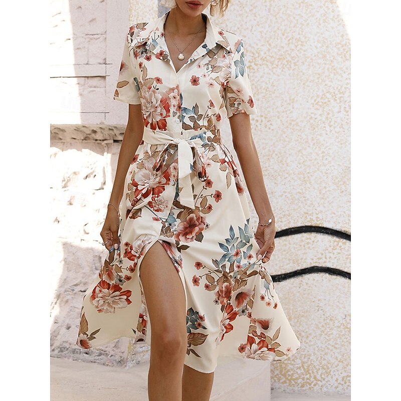 Women's Midi Dress Casual Dress Elegant Stylish Casual Vacation Daily Regular Fit Floral Short Sleeve Shirt Collar Apricot Light Blue Summer Spring2