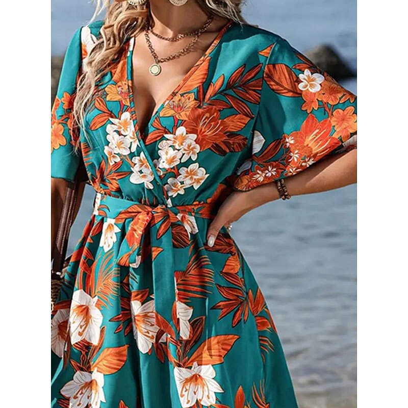 Women's Normal Romper Active Floral Short Sleeve V Neck High Waist Print Vacation Daily Regular Fit Black Green Summer4