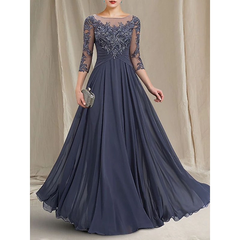 A-Line Mother of the Bride Dress Elegant Jewel Neck Floor Length Chiffon Lace 3/4 Length Sleeve with Pleats Appliques3