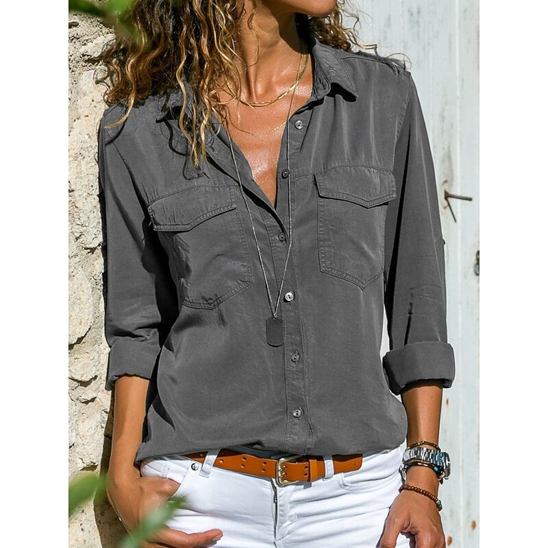 Women's Shirt Blouse Solid Color Stylish Casual Long Sleeve Shirt Collar Regular Tops Daily Buttons Black Rose Pink Gray Summer Spring Fall4