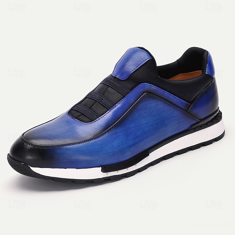 Men's Premium Cowhide Leather Sneakers - Gradient Blue Lace-Free Design with Cushioned Sole for Casual and Outdoor Wear2