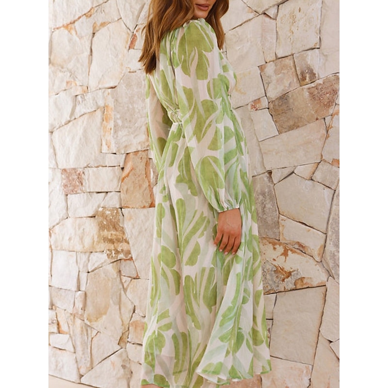 Women's Midi Dress Casual Dress Elegant Stylish Casual Vacation Party Daily Loose Fit Floral Long Sleeve V Neck Green Summer Spring Fall2