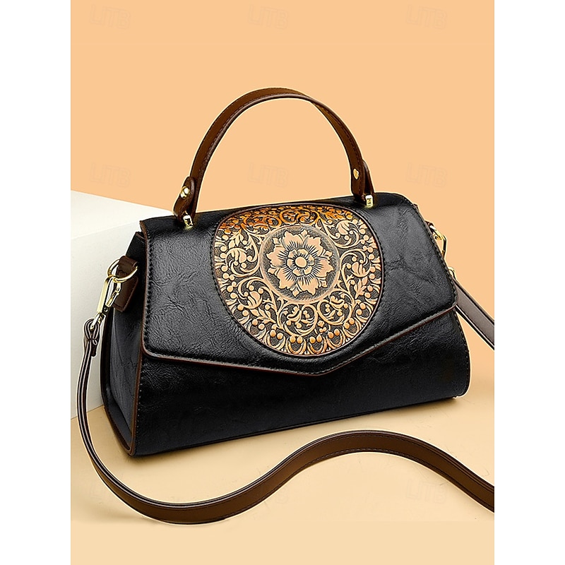 Vintage Floral Engraved Faux Leather Handbag – Women's Retro Crossbody Bag with Top Handle for Casual and Formal Occasions Wine Black White3