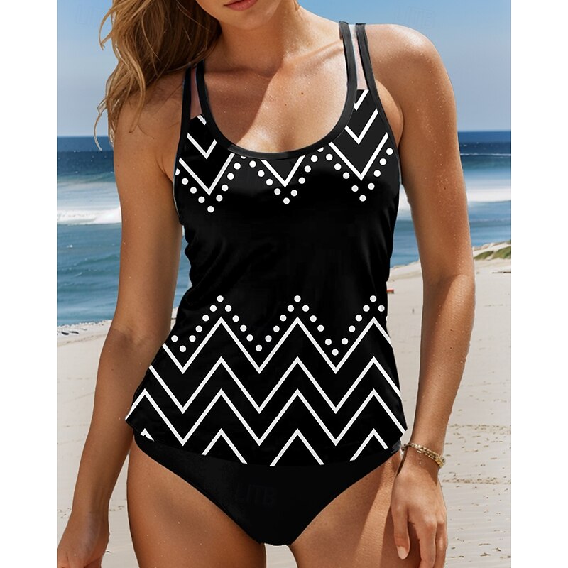 Women's Swimsuits Tankini 2 Piece Cheeky Swimsuit Backless Tummy Control High Waist Slim Vacation Beach Wear Graphic Geometric U Neck Sleeveless Bathing Suits