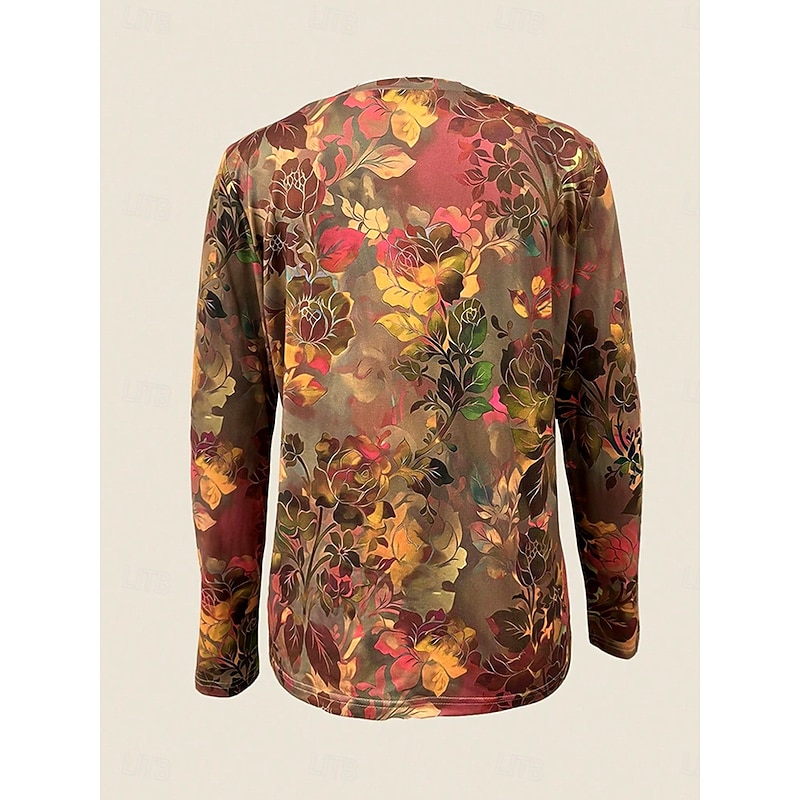 Women's T shirt Crew Neck Long Sleeve Tunic Floral Graphic Casual  Regular Tops Daily Print Brown Spring Fall2