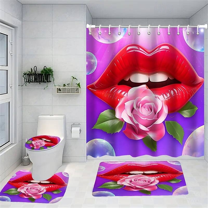 4-Piece Shower Curtain Set Valentine's Day Bathroom Decor , Modern Home Bathroom Decor with Bath Mat, U-Shaped Mat, Toilet Lid Cover, and 12 Hooks4
