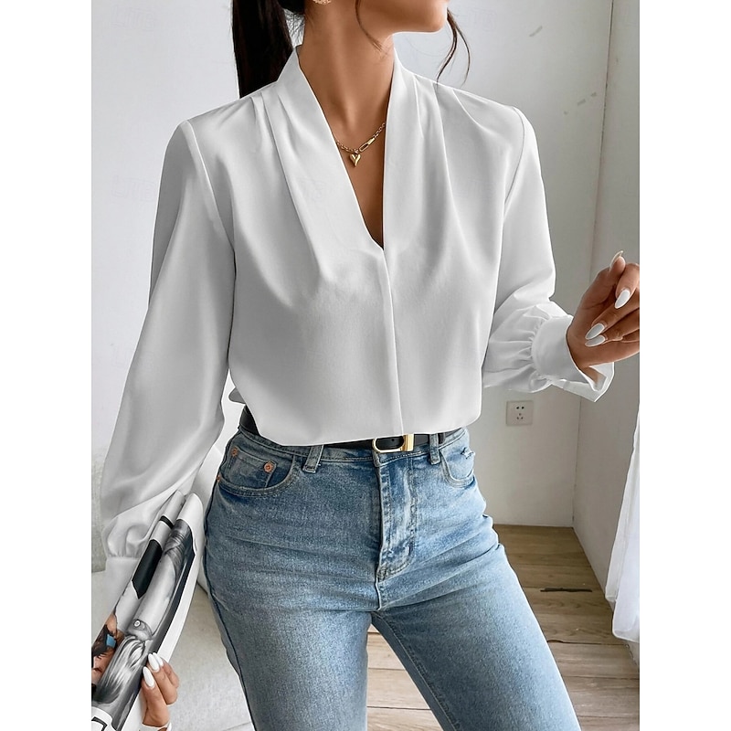 Women's Shirt Blouse Solid Color Stylish Casual Long Sleeve V Neck Regular Tops Daily Buttons Pocket Black White Yellow Blue Green Summer Spring3
