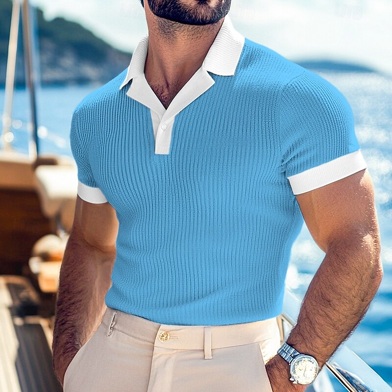 Men's Muscle Shirt Golf Shirt Work Casual Cuban Collar Ribbed Polo Collar Short Sleeve Vacation Basic Color Block Ribbed Spring & Summer Slim Fit Yellow Navy Blue Green Light Blue Muscle Shirt