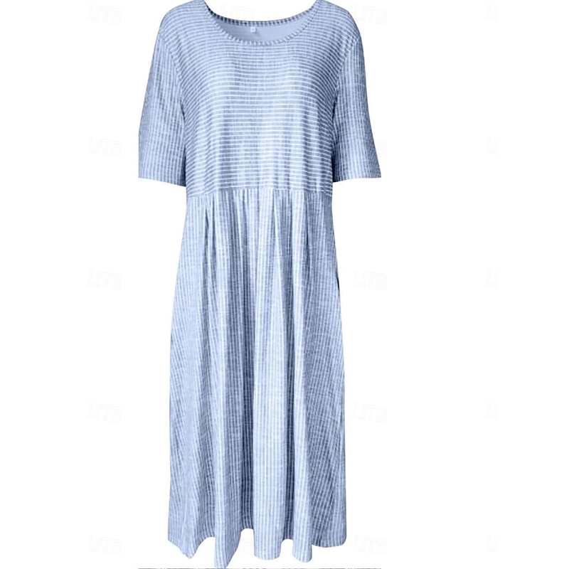 Women's Midi Dress Casual Dress A Line Dress Elegant Stylish Casual Vacation Daily Loose Fit Stripe Short Sleeve Crew Neck Gray Light Blue Summer Spring4