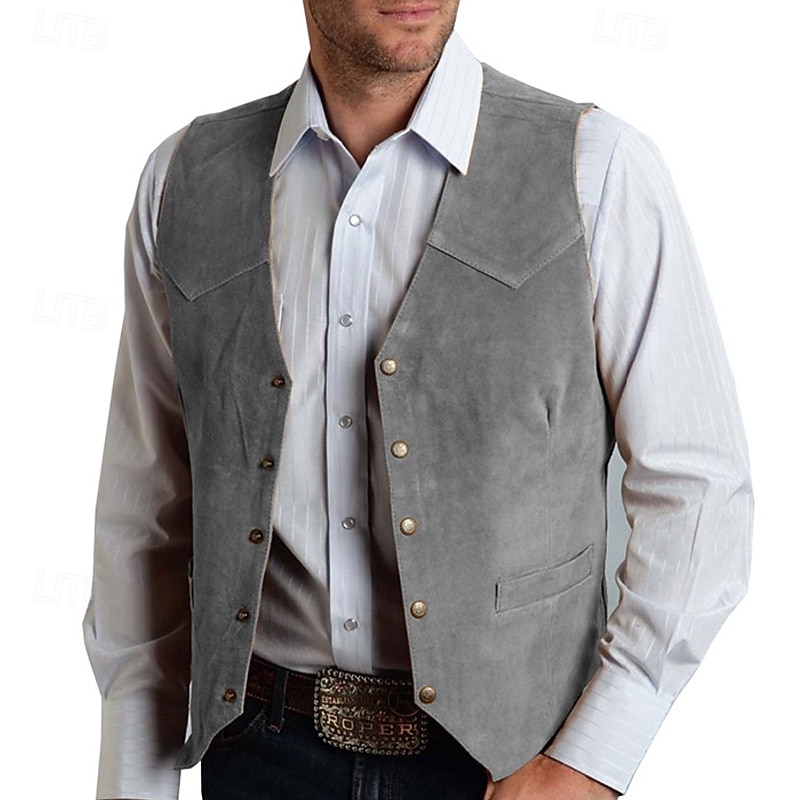 Men's Vest Gilet Suede Vest Vacation Daily Date Fashion Casual Spring &  Fall Pocket Buttons Spandex Polyester Comfortable Plain Single Breasted One-button V Neck Regular Fit Black Champagne Burgundy2