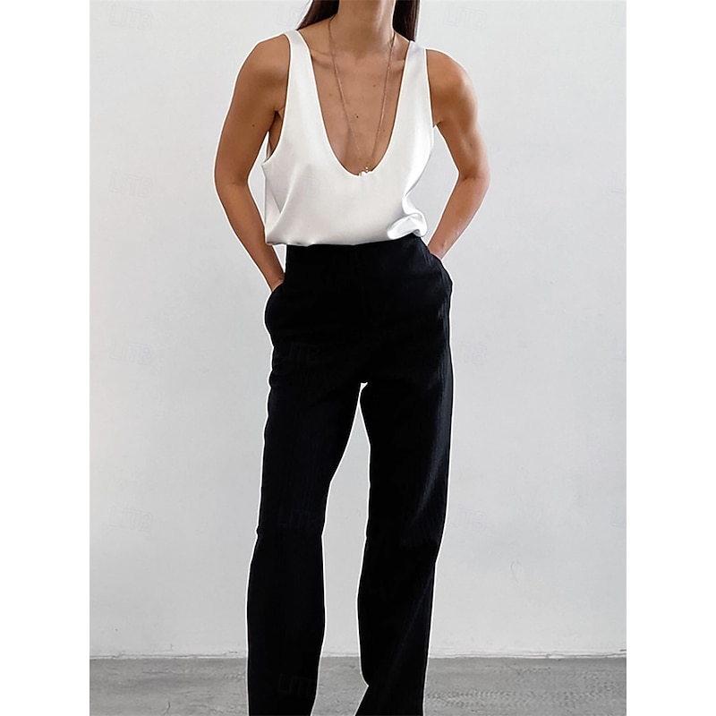 Women's Elegant Dressy Satin Blouse Solid Color Stylish Sexy Casual Sleeveless U Neck Regular Tops Daily Going out Black White Summer Spring3