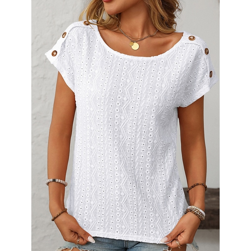Women's White Elegant Lace Tops Eyelet Blouse Fashion Modern Plain Regular Tops Short Sleeve Crew Neck Buttons Regular Fit Daily Weekend Romantic Petite Tops Summer Holiday Wear Orange Summer Spring4