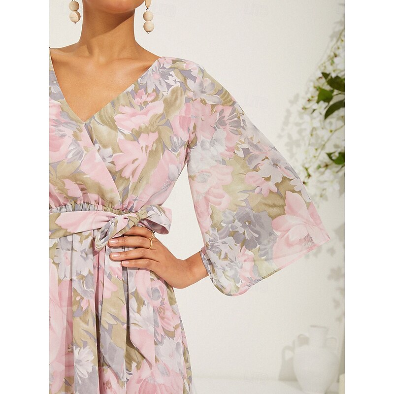 Women's Long Dress Maxi Dress Chiffon Dress Elegant Stylish Flutter Sleeve Wedding Vacation Daily Loose Fit Floral 3/4 Length Sleeve V Neck Pink Summer Spring Fall3