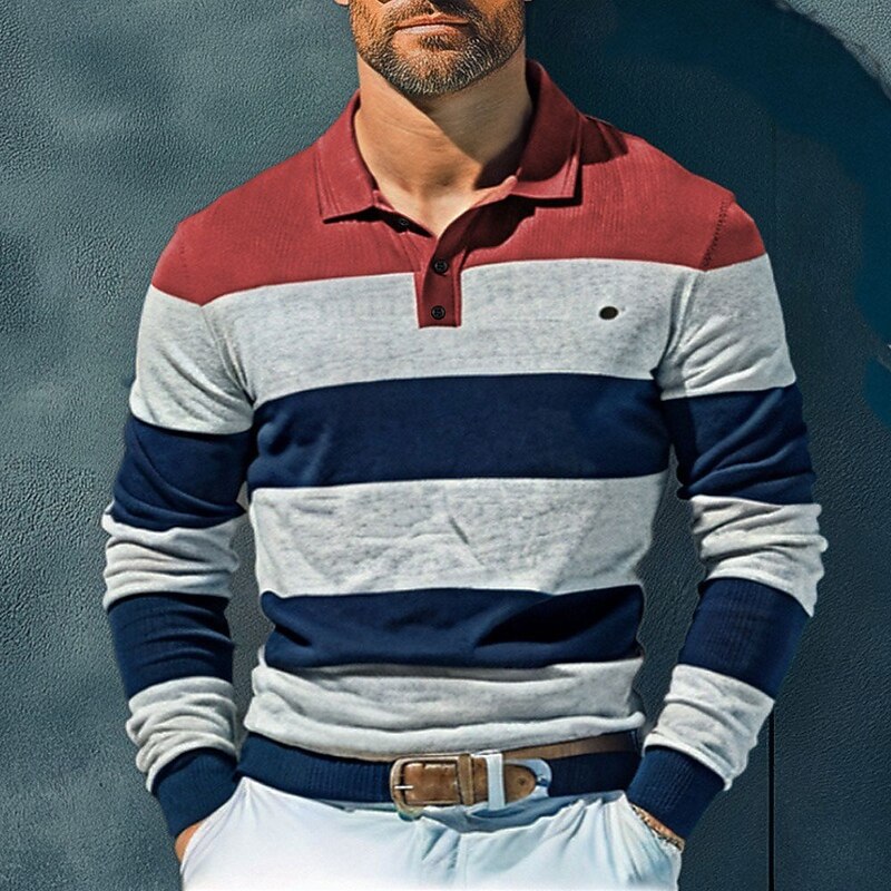 Men's Color Block Rugby Polo Shirts Long Sleeve Polo Shirts Lapel 3D Print Modern Comfortable Work Casual Sports Holiday Patchwork Buttons Spring Autumn / Fall Red Khaki2