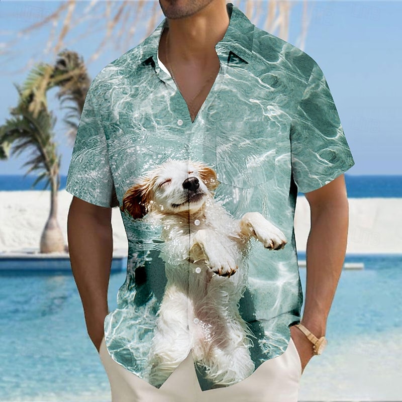 Men's Dog Optical Illusion Waves Shirt Button Up Shirt Short Sleeve Fashion Casual Vacation Holiday Beach Wear Summer Fall Turndown 3D Print Collared Shirts Front One Pocket Blue - Main Image