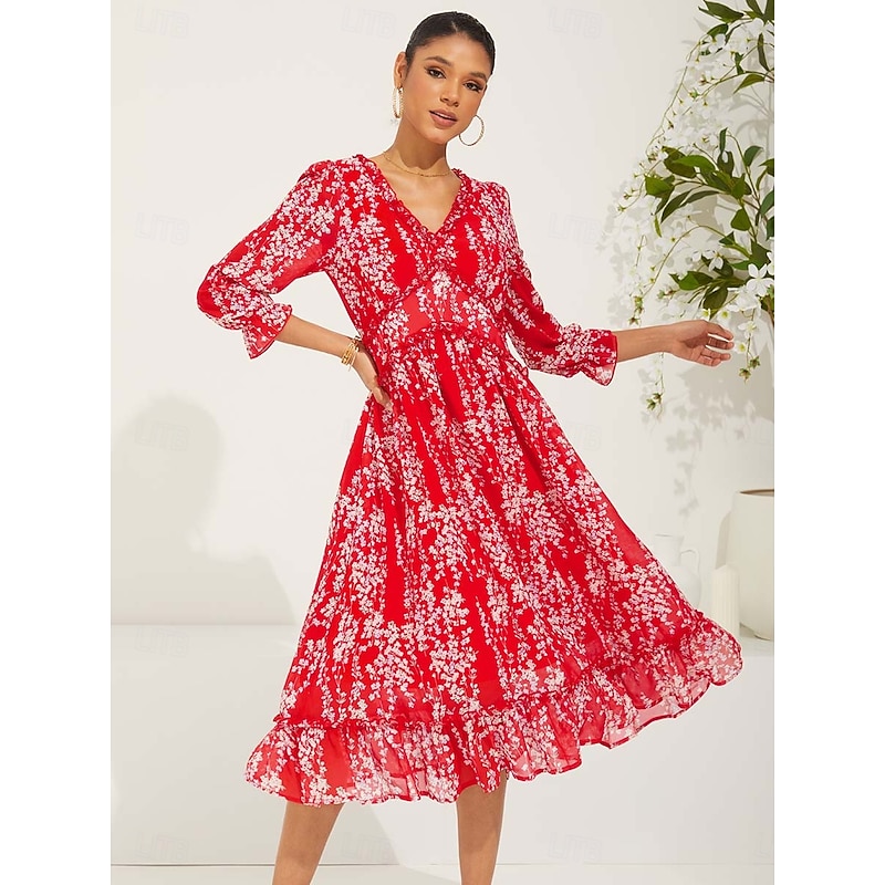 Women's Maxi Dress Swing Dress Elegant Cute Stylish Split Sleeve Vacation Regular Fit Floral Long Sleeve V Neck Red Summer Spring3
