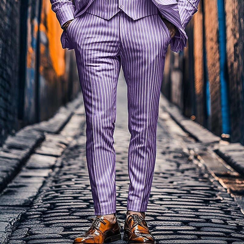 Men's Dress Pants Trousers Chinos Buttons Pocket Stripe Comfort Formal Party Work Fashion Classic Style Pink Blue Micro-elastic3