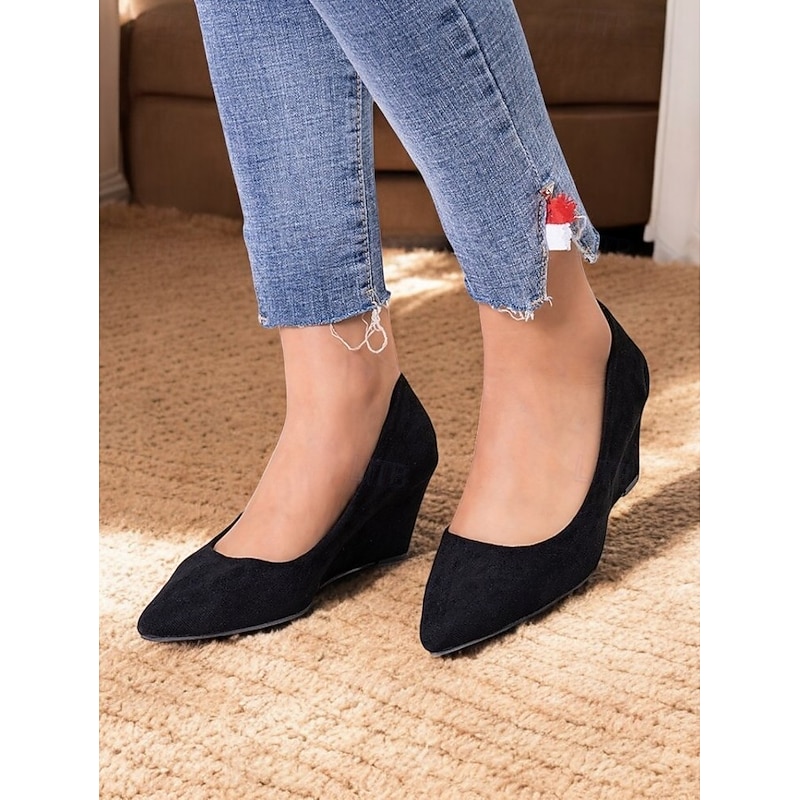 Women's Black Faux Suede Pointed Toe Wedge Pumps - Elegant and Comfortable Shoes for Office Wear and Formal Events2