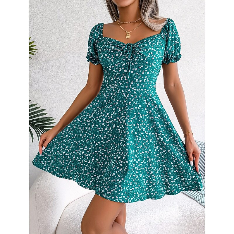 Women's Mini Dress Casual Dress A Line Dress Stylish Casual Vacation Daily Regular Fit Floral Short Sleeve Square Neck Red Green Summer Spring3