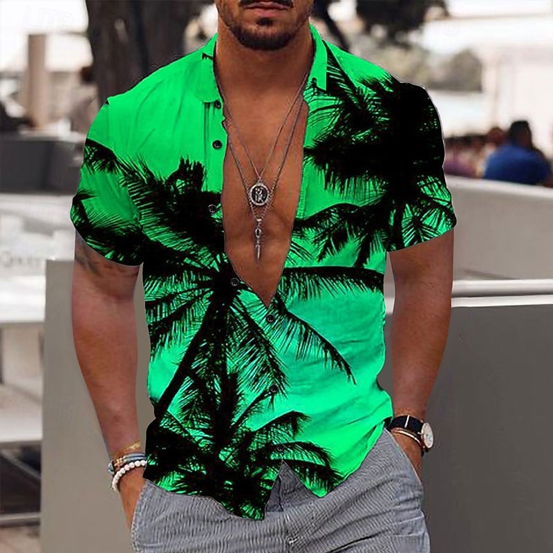 Men's Coconut Tree Tropical Plants Shirt Summer Hawaiian Shirt Aloha Shirt Short Sleeve Shirt Turndown Fashion Designer Casual Outdoor Street Casual Light Yellow Yellow Pink 3D Print S M L3