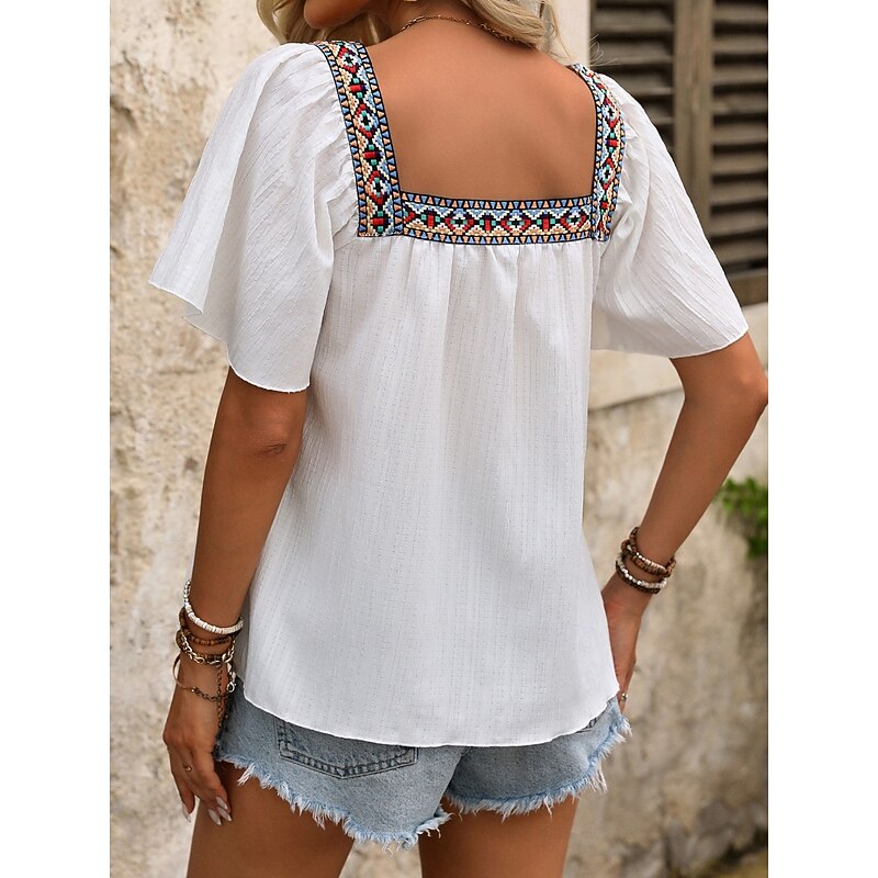 Women's Shirt Blouse Solid Color Stylish Casual Short Sleeve Square Neck Regular Tops Daily Ruffle Patchwork Embroidered Black White Summer Spring2