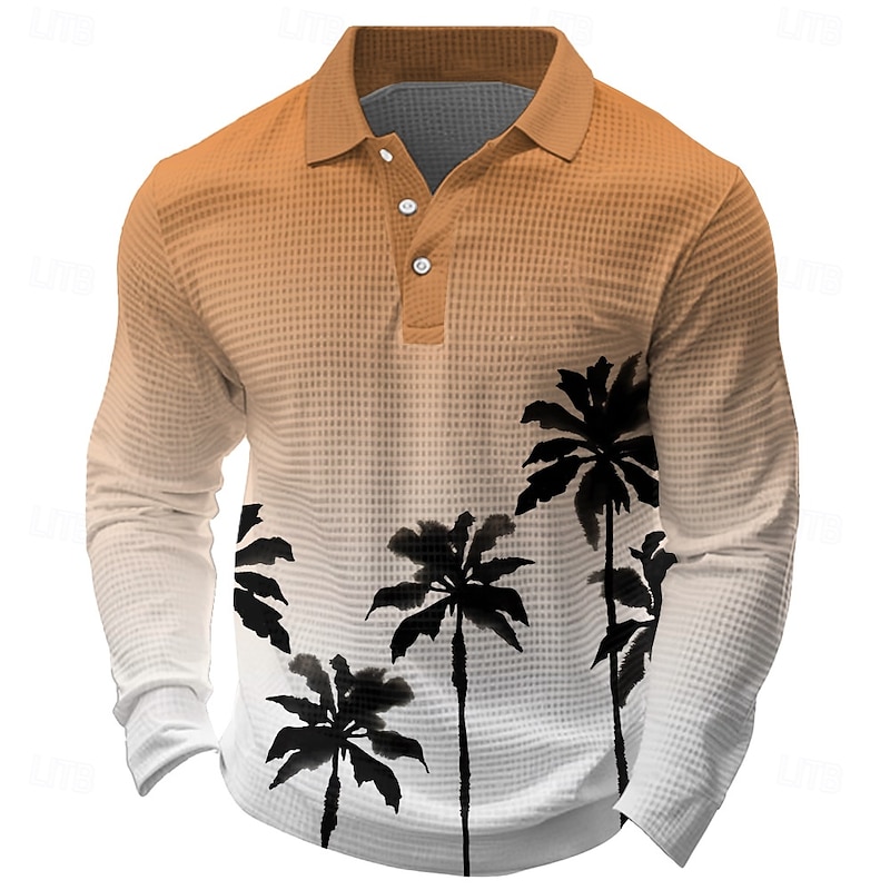 Kentucky Derby Men's Tropical Flowers Waffle Polo Shirts Long Sleeve Polo Shirts Collared Shirts Casual Resort Hawaiian Buttons Red Blue Orange2