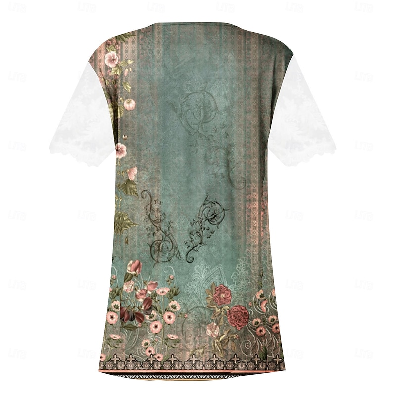 Women's Lace Splicing Top Graphic Flowers Elegant Bohemia Fashion Short Sleeve Flutter Sleeve Round Neck Regular Tops Daily Weekend Vacation Wear Lace Patchwork Print White Light Green Navy Blue Blue3