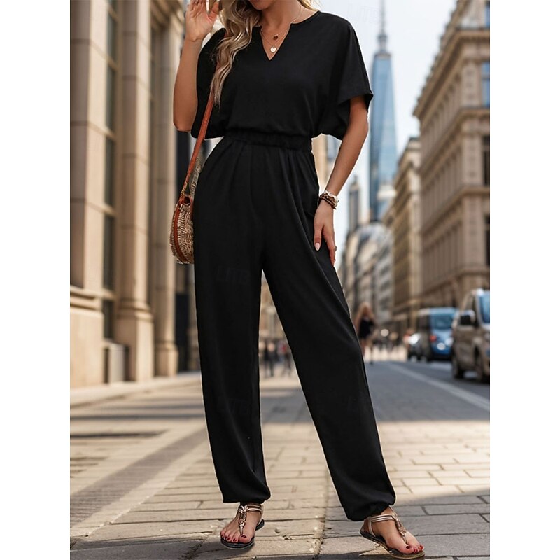 Women's Normal Jumpsuit Active Solid Color Sleeveless V Neck High Waist Vacation Daily Regular Fit Black Wine Blue Summer4
