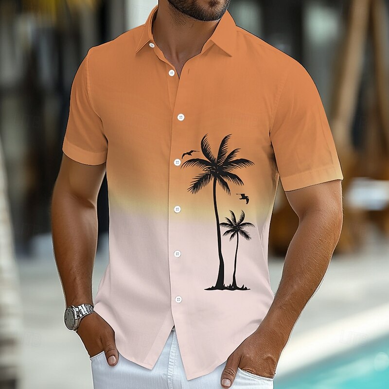 Men's Coconut Tree Gradient Color Tropical Plants Summer Hawaiian Shirt Button Up Shirt Short Sleeve Hawaiian Resort Vacation Holiday Beach Wear Summer Spring Turndown Collared Shirts Yellow Pink2