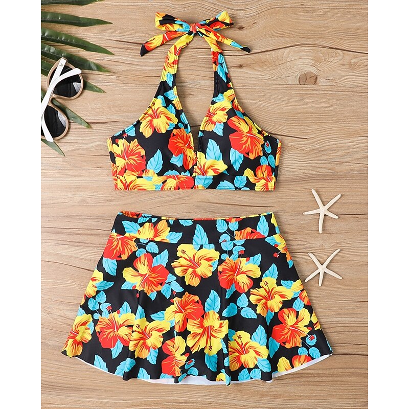 Women's Tankini Two Piece Swimsuit Backless Swimwear Floral Swimwear Black Yellow Breathable Quick Dry Lightweight Sleeveless - Swimming Surfing Beach Summer Spring2