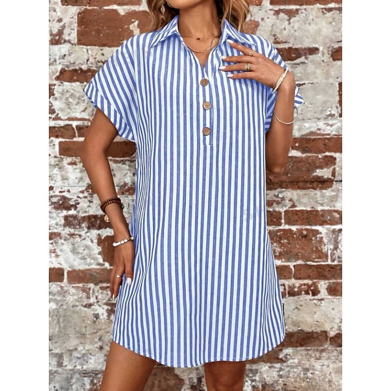Women's Mini Dress Shirt Dress Casual Dress Stylish Casual Vacation Daily Regular Fit Stripe Short Sleeve Shirt Collar Black Royal Blue Summer3