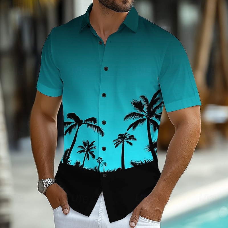 Men's Coconut Tree Tropical Plants Summer Hawaiian Shirt Button Up Shirt Aloha Shirt Short Sleeve Hawaiian Resort Vacation Holiday Beach Wear Summer Spring Turndown Collared Shirts Yellow Blue Green