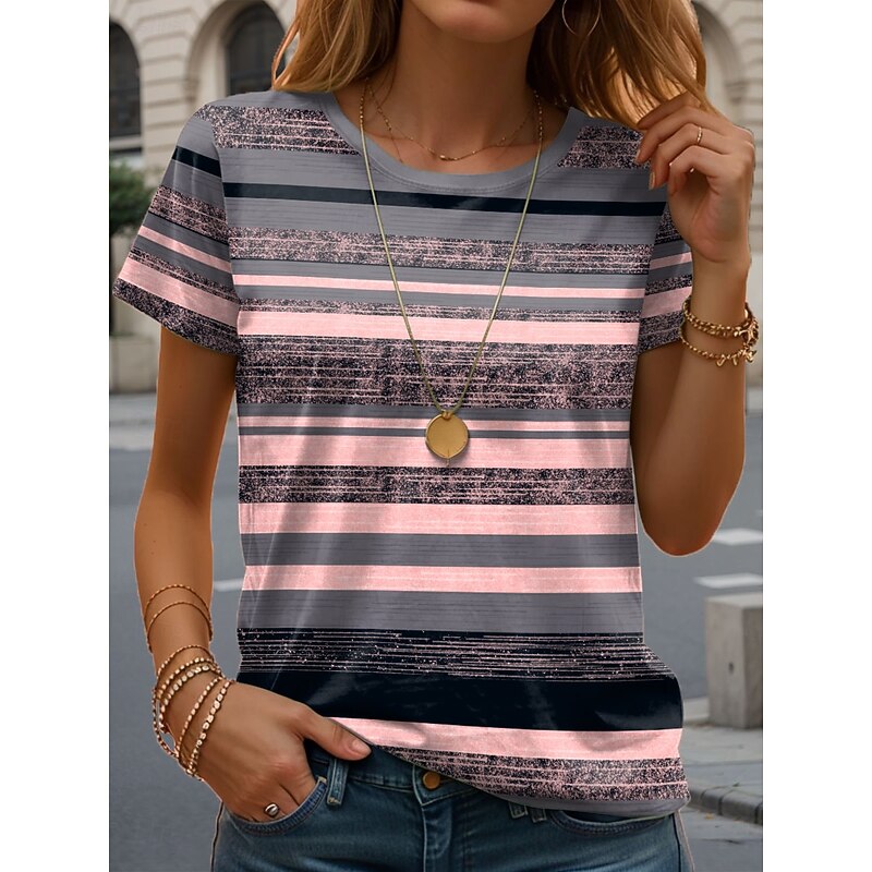 Women's T Shirt Striped Casual Short Sleeve Round Neck Regular Tops Daily Print Pink Summer