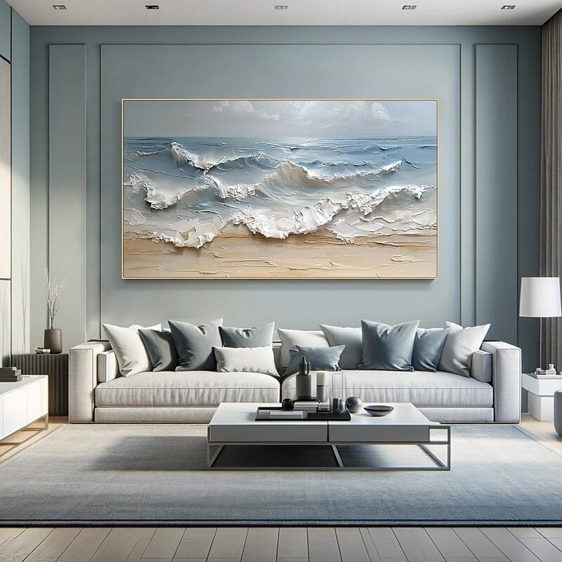 Original White Ocean Oil Painting Wave Art Beach Abstract Painting White Wall Art Brown 3D Texture Painting Brown Beach Wall Art Modern Pastel Room Decor3