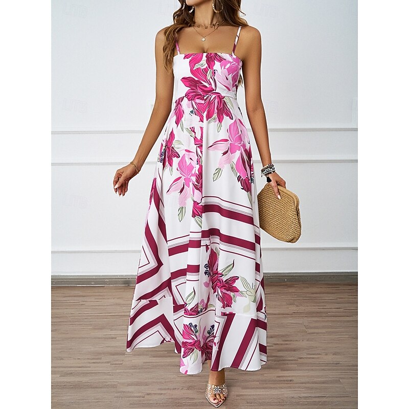 Women's Maxi Dress Casual Dress Boho Chic Dresses Bohemia Cute Stylish Vacation Daily Beach Loose Fit Floral Geometric Sleeveless Strap Blue Fuchsia Summer4