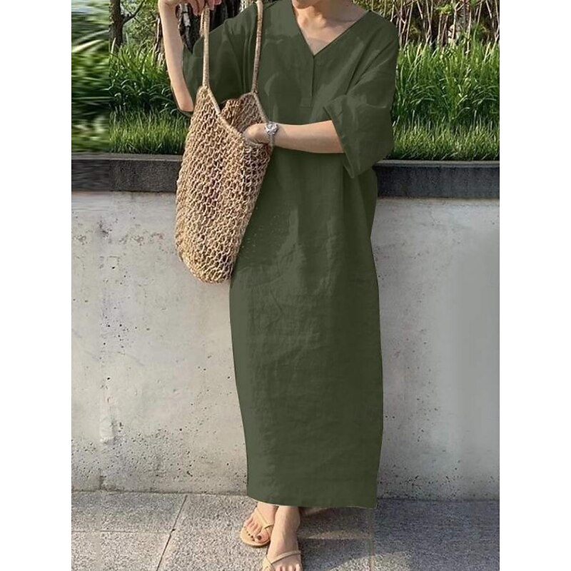 Women's Maxi Dress Cotton Linen Dresses Casual Dress Basic Casual Vacation Daily Regular Fit Plain 3/4 Length Sleeve V Neck Red Khaki Army Green Dark Blue Summer