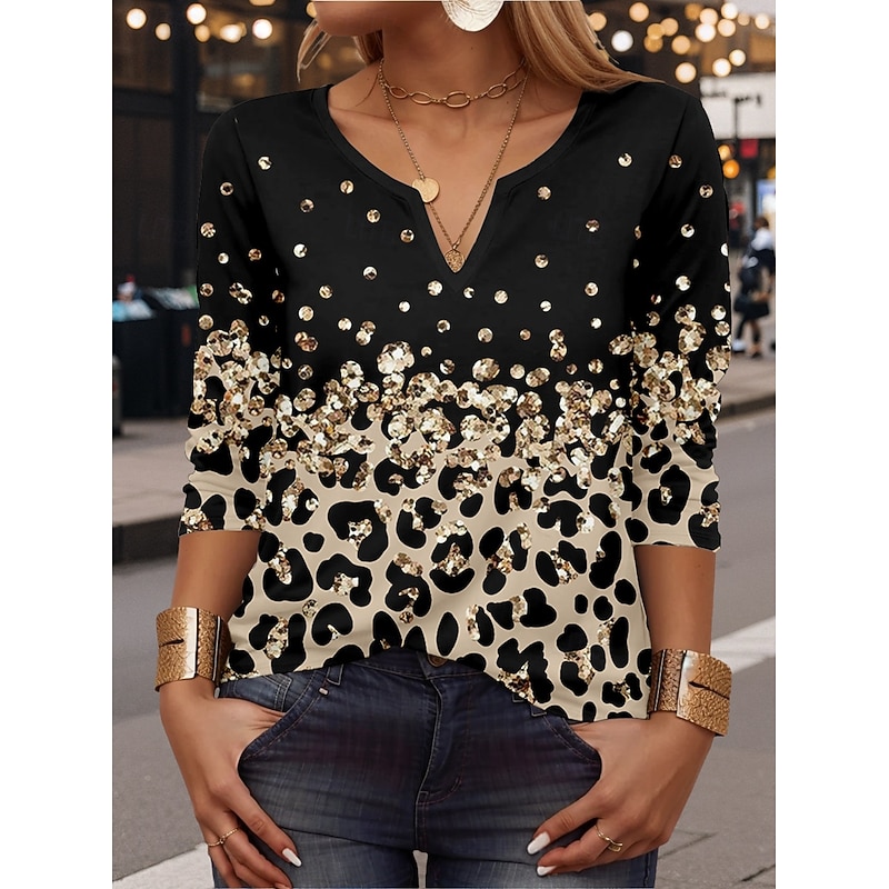 Women's T Shirt Leopard Casual Long Sleeve Notched Neck Regular Tops Daily Print Gold Spring Fall