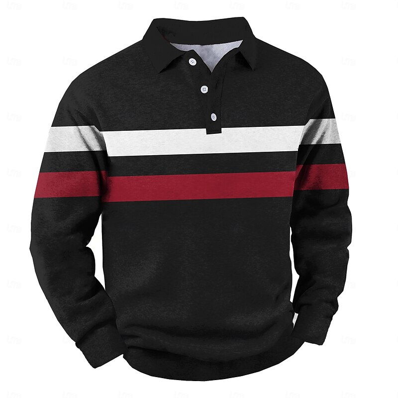 Men's Stripe Stripes Rugby Polo Cable Knit Polo Long Sleeve Polo Shirts Collared Shirts Casual Outdoor Athleisure 3D Print Spring Fall Winter Yellow Red Blue