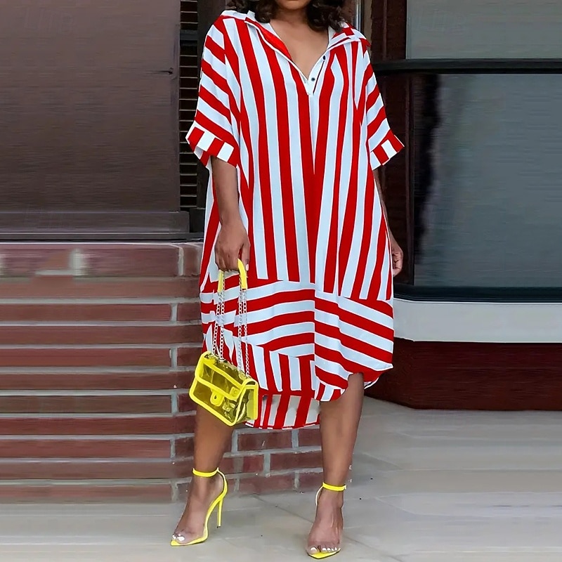 Women's Long Dress Maxi Dress Shirt Dress Casual Dress Summer Dress Stylish Casual Vacation Daily Date Regular Fit Stripe Half Sleeve Lapel Black Red Blue Summer Spring3