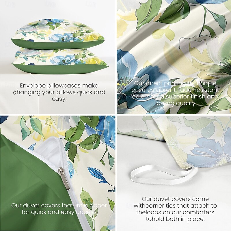 L.T.Home 100% Cotton Sateen Duvet Cover Set Reversible Premium 300 Thread Count Floral Elite Bedding Set3