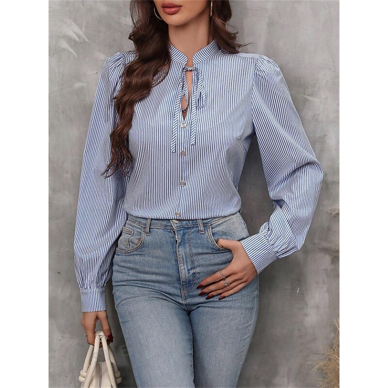 Women's Shirt Blouse Striped Stylish Casual Long Sleeve V Neck Regular Tops Work Daily Going out Patchwork Pink Blue Green Khaki Summer Spring Fall2