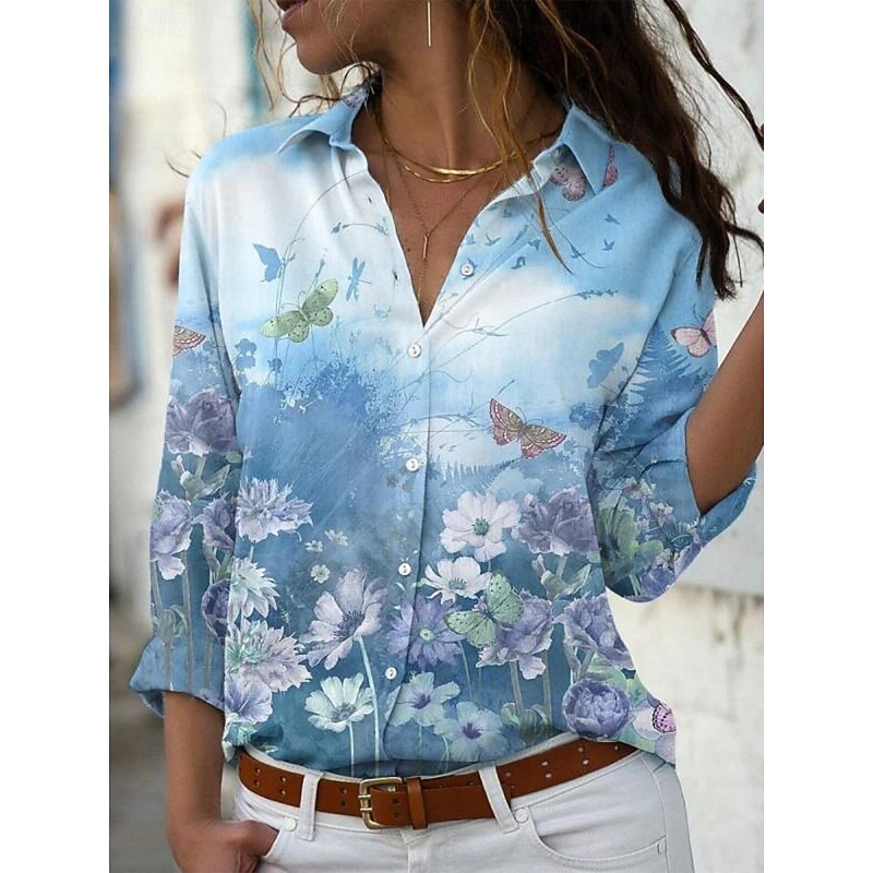 Women's Shirt Blouse Floral Stylish Casual Long Sleeve Shirt Collar Regular Tops Daily Buttons Print Pink Blue Purple Orange Summer Spring
