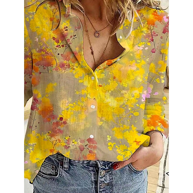 Women's Shirt Button Down Tunic Shirt Collar Long Sleeve Floral Daily Stylish Long Tops Daily s Print Yellow Spring Fall4