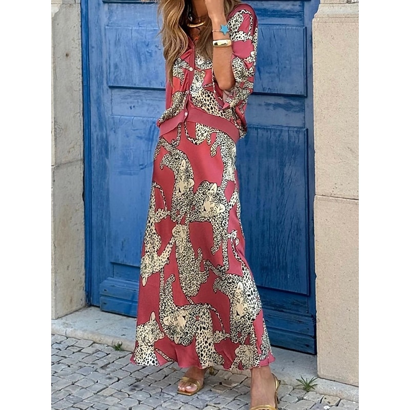 Women's Dress Set Casual Dress Skirt Set Casual Leopard Print Maxi Dress 3/4 Length Sleeve V Neck Outdoor Daily Fuchsia Summer Spring Regular Fit4