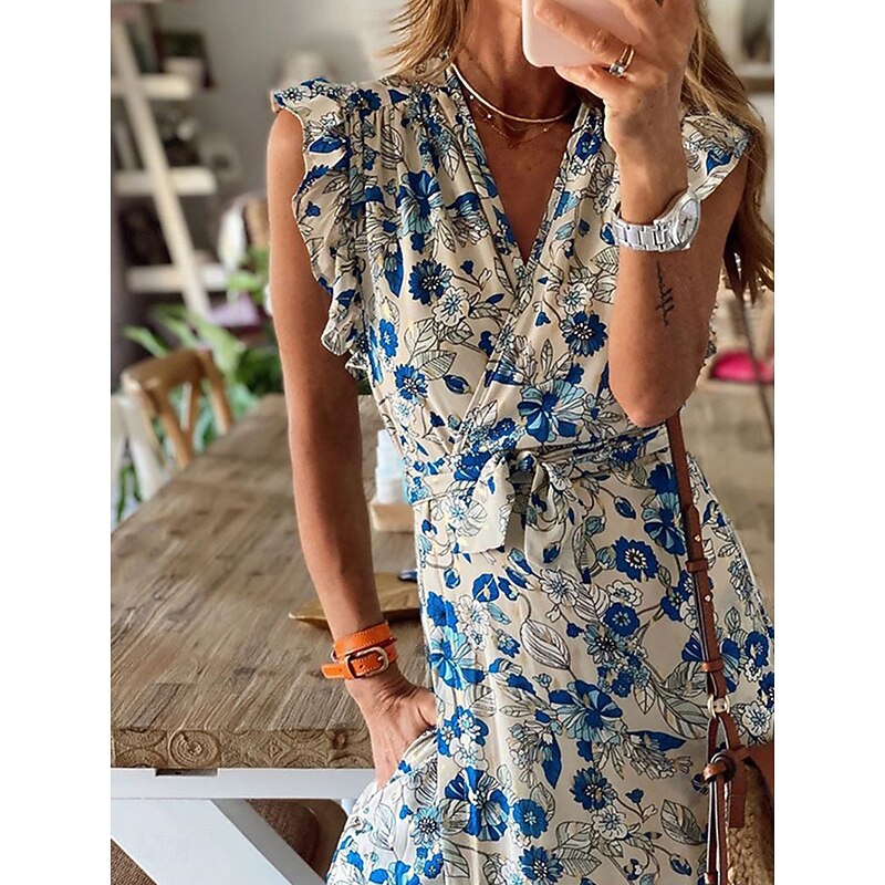 Women's Midi Dress Casual Dress Elegant Bohemia Stylish Vacation Daily Regular Fit Floral Sleeveless V Neck Blue Summer2