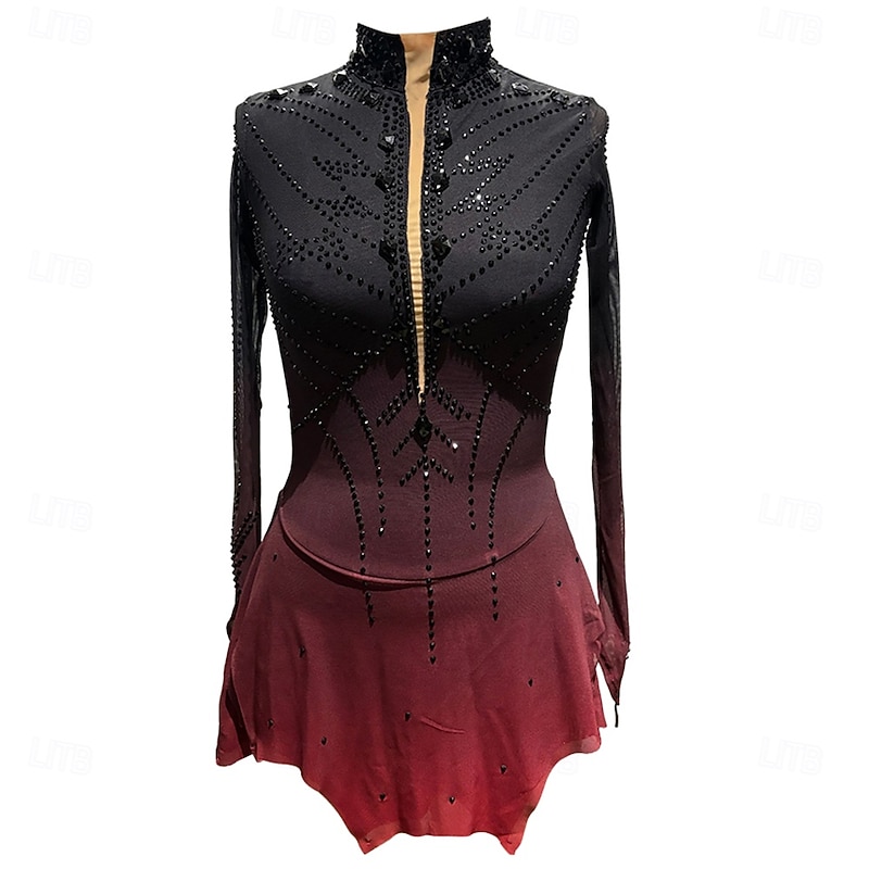 Figure Skating Dress Girls' Ice Skating Dress Black Red Halo Dyeing High Elasticity Professional Competition Skating Wear Thermal Warm Crystal / Rhinestone Long Sleeve Ice Skating Figure Skating4